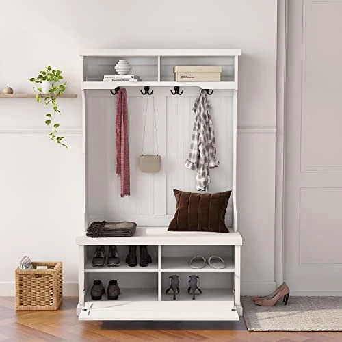 Entryway Hall Tree With Coat Rack 4 Hooks And Storage Bench Shoe Cabinet White White Solid MDF Wood Finish 6 Entryway Hall Tree With Coat Rack 4 Hooks And Storage Bench Shoe Cabinet White White Solid MDF Wood Finish - Image 4
