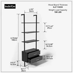 Kevinplus Modern Wall Mounted Ladder Shelf, Ladder Bookshelf Bookcase With Drawers, Industrial Metal Wooden Shelf, 4 Tier Open Display Ladder Shelves For Living Room Office Bedroom, Black Grey