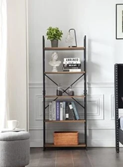 LyuHome Wall Mounted Ladder Shelf, Modern 5-Tier Ladder Bookshelf With Drawers, Metal And Wood Bookcase With Storage Cabinet For Home Office Walnut -Amazon Store 41c2jQgZYQL. AC