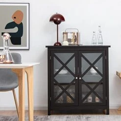 LOKO Buffet Cabinet, Kitchen Storage Cabinet With Tempered Glass Doors & Adjustable Shelves, Sideboard Cabinet Liquor Cabinet For Kitchen, Living Room, 35.5 X 15.5 X 38 Inches (Brown) -Amazon Store 41c4OMkKfZL