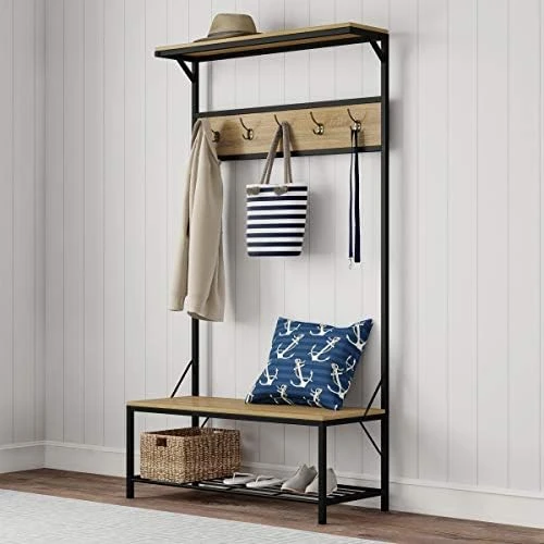 Lavish Home Entryway Coat Rack-Metal Hall Tree-Storage Bench, 9 Hooks, 2 Shelves For Shoes & Hanging Rod-Rustic Farmhouse Design Mudroom Organizer, 73", Brown 9 Lavish Home Entryway Coat Rack-Metal Hall Tree-Storage Bench, 9 Hooks, 2 Shelves For Shoes & Hanging Rod-Rustic Farmhouse Design Mudroom Organizer, 73", Brown - Image 7
