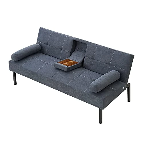 Panana Futon Sofa Bed Linen Fabric Upholstered Modern Convertible Folding Futon Sofa Bed Daybed Guest Bed, 5 Angles Adjustable, 2 Cup-Holders (Grey) 7 Panana Futon Sofa Bed Linen Fabric Upholstered Modern Convertible Folding Futon Sofa Bed Daybed Guest Bed, 5 Angles Adjustable, 2 Cup-Holders (Grey) - Image 5