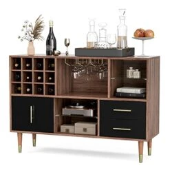 IKIFLY Accent Kitchen Buffet Sideboard With Storage, Wood Cabinet Server Cupboard With 12 Wine Bottle Rack, Stemware Holder And Drawers, Console Table For Kitchen Living Room, 47 Inch - Walnut/Black