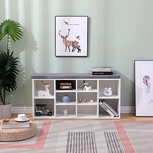Entryway Shoe Storage Bench, Multifunctional Creative Organizer Storage Stool W/Soft Cushion Seat, Foot Stool Storage Cabinet For Hallway Bedroom (White) 4 Entryway Shoe Storage Bench, Multifunctional Creative Organizer Storage Stool W/Soft Cushion Seat, Foot Stool Storage Cabinet For Hallway Bedroom (White) - Image 2