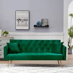 KINFFICT Velvet Futon Sofa Bed With 2 Pillows, Convertible Sleeper Sofa Couch With 3 Angle Adjustable Backrest, Modern Loveseat With 4 Golden Metal Legs For Living Room And Bedroom (Green)
