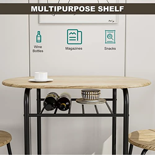 CAMORSA 3 Pieces Dining Set For 2 Small Kitchen, Breakfast Table Set Wood Round Table & Chair With Metal Frame And Wine Rack, Space Saving, For Apartment Dining Room, Natural 8 CAMORSA 3 Pieces Dining Set For 2 Small Kitchen, Breakfast Table Set Wood Round Table & Chair With Metal Frame And Wine Rack, Space Saving, For Apartment Dining Room, Natural - Image 6