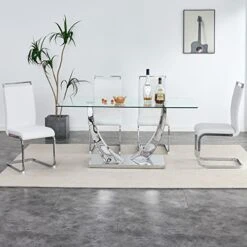 SSLine Modern 63" Dining Table For 4-6 Clear Tempered Glass Kitchen Table With U-Shape Silver Metal Base Mid-Century Rectangle Dinner Table For Dining Room Apartment Dorm Small Space -Amazon Store 41czw3EtjML