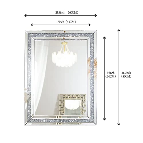 Blingworld Decorative Wall Mirror 32"x24" Crystal Mirrors For Wall Decor Living Room Silver Luxury Modern Mirrored Home Decoration, Big Large Long Mirror Silver 6 Blingworld Decorative Wall Mirror 32"x24" Crystal Mirrors For Wall Decor Living Room Silver Luxury Modern Mirrored Home Decoration, Big Large Long Mirror Silver - Image 4