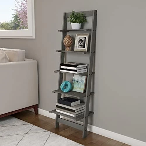 5-Tier Ladder Shelf - Wooden Narrow Leaning Book Shelf For Bedroom, Living Room, Or Kitchen Shelving - Boho Home Decor By Lavish Home (Oak) 8 5-Tier Ladder Shelf - Wooden Narrow Leaning Book Shelf For Bedroom, Living Room, Or Kitchen Shelving - Boho Home Decor By Lavish Home (Oak) - Image 6