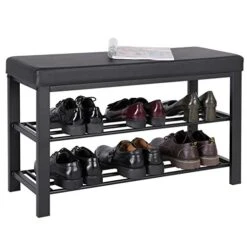 SONGMICS Shoe Bench, 3-Tier Shoe Rack For Entryway, Storage Organizer With Foam Padded Seat, Faux Leather, Metal Frame, For Living Room, Hallway, 12.2 X 31.9 X 19.3 Inches, Black ULBS58H -Amazon Store 41dNT1QK75L