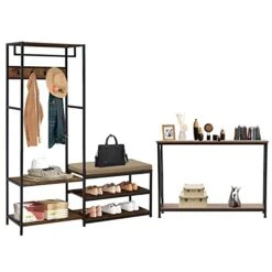Kinsuite Entryway Hall Tree With Shoe Bench - Entry Table, Industrial Style Furniture Combination, Freestanding Garment Rack Accent Furniture For Bedroom Entryway (Brown)