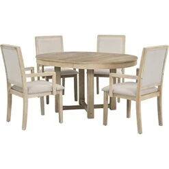 Merax 5-Piece Furniture Set, Round To Oval Extendable Butterfly Leaf Wood Dining Table And 4 Upholstered Chairs With Armrests, 5pcs, Natural