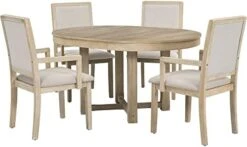Merax 5-Piece Furniture Set, Round To Oval Extendable Butterfly Leaf Wood Dining Table And 4 Upholstered Chairs With Armrests, 5pcs, Natural -Amazon Store 41dpIcQTCBL. AC