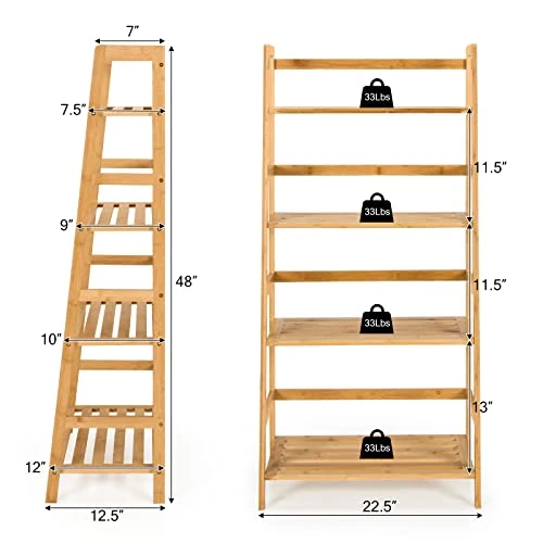 Giantex Ladder Shelf, 4 Tier Bamboo Ladder Bookshelf, 48’’ Tall Freestanding Bookcase Storage Rack Plant Stand For Living Room, Balcony, Office, Bedroom, Farmhouse Wooden Ladder Bookshelf, Natural 5 Giantex Ladder Shelf, 4 Tier Bamboo Ladder Bookshelf, 48’’ Tall Freestanding Bookcase Storage Rack Plant Stand For Living Room, Balcony, Office, Bedroom, Farmhouse Wooden Ladder Bookshelf, Natural - Image 3