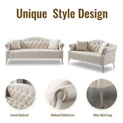 Homtique Sofa Set For Living Room 2 Piece, Modern Velvet Loveseat Sofa Set Upholstered Button Tufted Nailhead Trimming Rolled Arm And Metal Legs, Velvet Sofa Couch With 4 Pillows For Home (Beige) -Amazon Store 41dv8ANsLRL