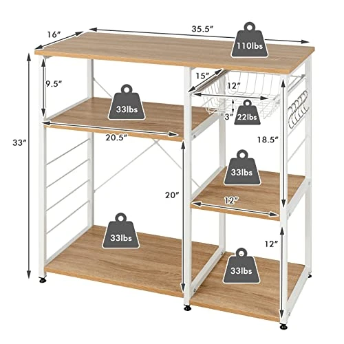Giantex Kitchen Baker’s Rack Industrial Style Microwave Oven Stand With Wire Basket, 6 Hooks, 3 Storage Shelves, Standing Coffee Bar Table Metal Frame (Natural & White) 5 Giantex Kitchen Baker’s Rack Industrial Style Microwave Oven Stand With Wire Basket, 6 Hooks, 3 Storage Shelves, Standing Coffee Bar Table Metal Frame (Natural & White) - Image 3