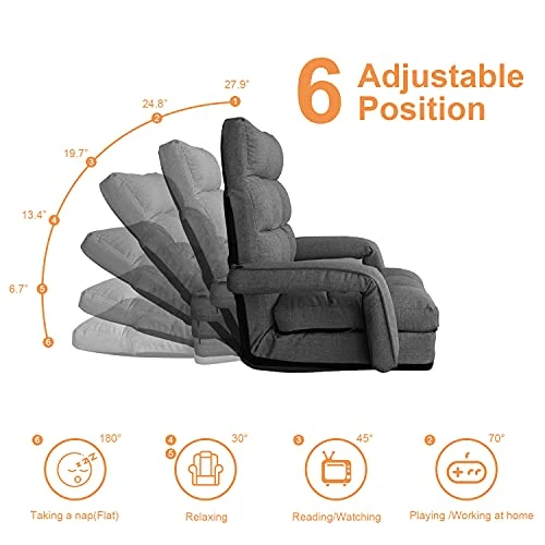 WAYTRIM Indoor Chaise Lounge Sofa, Folding Lazy Sofa Floor Chair, 6-Position Folding Padded Lounger Bed With Armrests - Dark Gray 4 WAYTRIM Indoor Chaise Lounge Sofa, Folding Lazy Sofa Floor Chair, 6-Position Folding Padded Lounger Bed With Armrests - Dark Gray - Image 2