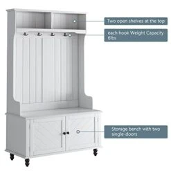 Knocbel Farmhouse Entryway Coat Garment Rack Storage Bench, 3-in-1 Hall Tree With Top Open Compartments, 2 Doors And 4 Metal Hooks, 220lbs Weight Capacity, 40.1"W X 17.7"D X 65"H (White) 15 Knocbel Farmhouse Entryway Coat Garment Rack Storage Bench, 3-in-1 Hall Tree With Top Open Compartments, 2 Doors And 4 Metal Hooks, 220lbs Weight Capacity, 40.1"W X 17.7"D X 65"H (White) -Amazon Store 41e0kDPbDqL