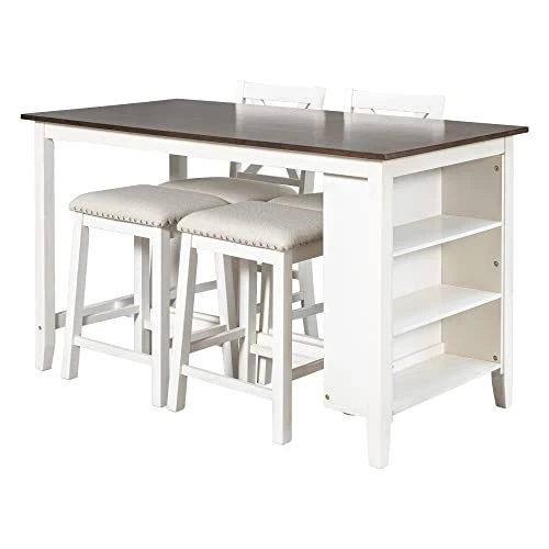 BEDGJH Rustic Counter Height Dining Table Set, 5 Pieces Wooden Bar Table Set With 2 Stools And 2 Chairs, Multipurpose Kitchen Dining Room Set For 4 (White) 9 BEDGJH Rustic Counter Height Dining Table Set, 5 Pieces Wooden Bar Table Set With 2 Stools And 2 Chairs, Multipurpose Kitchen Dining Room Set For 4 (White) - Image 7