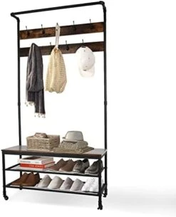 Entryway Coat Rack With Shoe Storage, Hall Tree With Bench, Coat Rack With 9 Removable Hooks And A Hanging Rod, Entryway Shoe Rack Organizer With Metal Frame 28.1*13.7*72.1 Inches (Rustic Brown) -Amazon Store 41e9AKkKIgL. AC