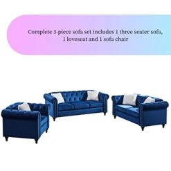 3-Piece Velvet Upholstered Living Room Furniture Set, Including 3-Seater Sofa, Loveseat And Single Sofa Chair With Button And Copper Nail On Arms And Back, Five White Villose Pillows Included, Blue -Amazon Store 41e9gjWgQLL