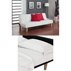 DHP Aria Tufted Futon, White Faux Leather And Futon Sheet Set, White