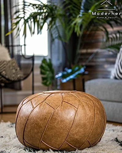 Moderner Faux Leather Pouf Unstuffed Ottoman Moroccan Footstool, Floor Footrest Cushion, Storage Solution - Natural Brown Color (Cognac, 23x11) 5 Moderner Faux Leather Pouf Unstuffed Ottoman Moroccan Footstool, Floor Footrest Cushion, Storage Solution - Natural Brown Color (Cognac, 23x11) - Image 3