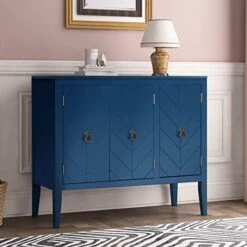 Knocbel Vintage Storage Cabinet With 3 Doors And Adjustable Shelf, Entry Hallway Foyer Console Table Buffet Sideboard Cupboard Coffee Bar, 99lbs Weight Capacity (Navy Blue)