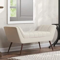 BELLEZE 63 Inch Mid Century Modern Ottoman, Contemporary Upholstered Linen Fabric Bench With Wood Legs, Accent Furniture For Living Room, Bedroom, Entryway - Moreno (Grey) -Amazon Store 41efJ2vKO7L. AC