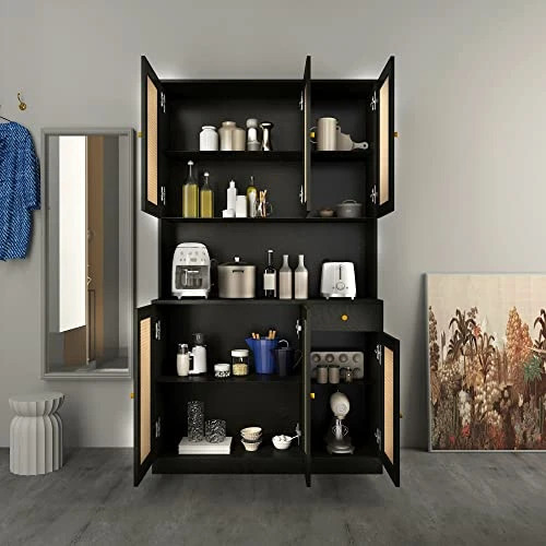 Wirrtory 71” Rattan Freestanding Kitchen Pantry Storage Cabinet, Buffet Cupboards Sideboard Modern Hutch Cabinet with 6 Doors & Drawer For Kitchen Living Room (Black) 7 Wirrtory 71” Rattan Freestanding Kitchen Pantry Storage Cabinet, Buffet Cupboards Sideboard Modern Hutch Cabinet with 6 Doors & Drawer For Kitchen Living Room (Black) - Image 5