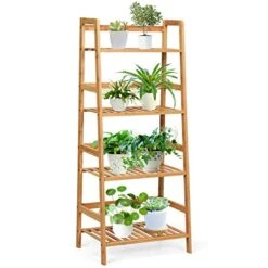 GRAFFY 4-Tier Ladder Shelf Plant Stand, Bamboo Ladder-Shaped Bookcase Storage Shelves, Multifunctional Display Rack, Plant Stand Flower Pots Holder For Living Room/Bathroom/Bedroom (Natural)