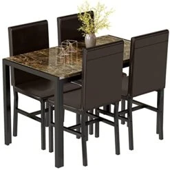 Recaceik Dining Table Set For 4, Kitchen Table And Chairs For 4, Faux Marble Kitchen Table Set With 4 Upholstered PU Leather Chairs, Dining Room Table Set For Kitchen Dining Room (Brown)