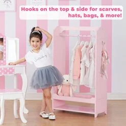 Teamson Kids - Windsor Wooden Dress Up Storage Kids Costume Organizer Center Open Hanging Armoire Closet Unit Furniture With Hooks And Mirror - Pink -Amazon Store 41euJpqRPHL
