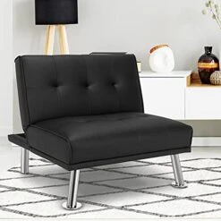 Giantex Single Sofa, Convertible Futon Chair, Folding Recliner Chaise Lounge With Metal Legs And Adjustable Backrest, PU Leather Living Room Furniture 34 Inch Length (Black) -Amazon Store 41fAa2pwq5S