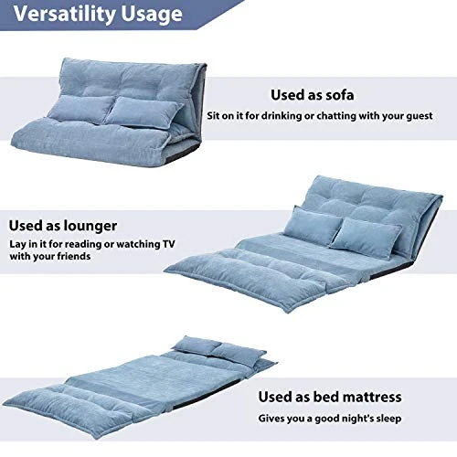 Harper & Bright Designs Floor Sofa Adjustable Lazy Sofa Bed, Foldable Mattress Futon Couch Bed With 2 Pollows (Blue) 8 Harper & Bright Designs Floor Sofa Adjustable Lazy Sofa Bed, Foldable Mattress Futon Couch Bed With 2 Pollows (Blue) - Image 6