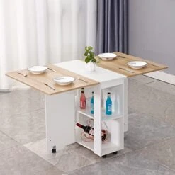 DINAZA Folding Dining Table Drop Leaf Kitchen Table For Small Spaces With 2 Tier Storage Racks Multifunction Space Saving Table Extension Dinner Table Wood And White