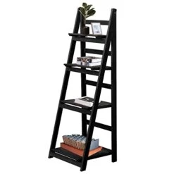 Babion 4 Tier Ladder Shelf Black, Home Office Ladder Shelf Bookcase And 4 Tier Bookshelf, Wooden Ladder Shelf Bathroom And Multifunctional Ladder Bookcase Storage Rack For Living Room(4 Tier, Black)