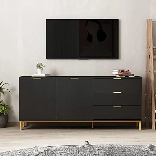 AIEGLE Sideboard Buffet Cabinet With 3 Drawers & 2 Doors, Kitchen Buffet Storage Cabinet Entryway Cupboard With Gold Metal Legs, Black (47.2" L X 15.7" W X 29.3" H) 7 AIEGLE Sideboard Buffet Cabinet With 3 Drawers & 2 Doors, Kitchen Buffet Storage Cabinet Entryway Cupboard With Gold Metal Legs, Black (47.2" L X 15.7" W X 29.3" H) - Image 5