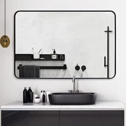 FuQiBasics Large Black Aluminum Mirror For Bathroom, Wall Mirror 30"x40" Glass Panel Vanity Or Mirrors For Wall, Rounded Corner Rectangle Hangs Horizontal Or Vertical