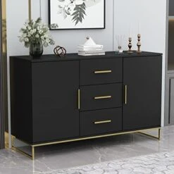 AIEGLE Sideboard Buffet Cabinet With 3 Drawers & 2 Doors, Kitchen Buffet Storage Cabinet Entryway Cupboard With Gold Metal Legs, Black (47.2" L X 15.7" W X 29.3" H)