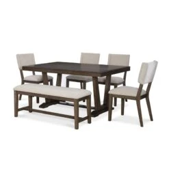 HFO Bluffton 20" Upholstered Fabric Farmhouse Rustic Solid Wood Dining Bench For Kitchen Dining Room In Beige -Amazon Store 41fmbIrNvQL