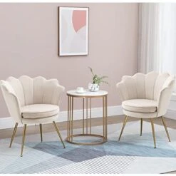 ZJhome Modern Accent Velvet Chairs Set Of 2 Comfy Upholstered Vanity Chairs For Bedroom Shell-Shaped Armchair Dining Chairs With Golden Metal Legs Desk Chair Makeup Chairs For Living Room(Beige)