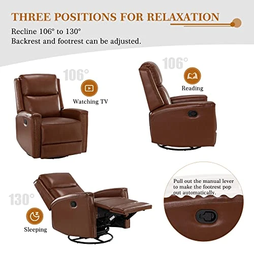 HULALA HOME Genuine Leather Swivel Rocker Recliners Set Of 2, Manual Glider Recliner Chairs With Adjustable Backrest & Footrest, Modern Home Theater Sofa Armchairs For Living Room Bedroom, Brown 7 HULALA HOME Genuine Leather Swivel Rocker Recliners Set Of 2, Manual Glider Recliner Chairs With Adjustable Backrest & Footrest, Modern Home Theater Sofa Armchairs For Living Room Bedroom, Brown - Image 5