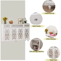 DiDuGo Sideboard With Glass Doors, Mirrored Sideboard Storage Cabinet With 3 Drawers, Credenza Sideboard Buffet With Wooden Legs, For Living Room Hallway White (55.1”W X 15.7”D X 35.4”H) -Amazon Store 41g3E4BLz1L