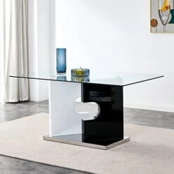 Pvillez Contemporary Glass Dining Table For 6, 63" Tempered Glass Top Dining Table W/High Gloss Wood Frame, Stainless Steel Pedestal Base, Rectangular Glass Dinner Kitchen Table For Dining Room Black -Amazon Store 41g7MiPeHVL. AC