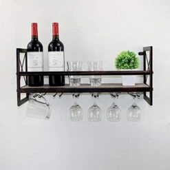 MBQQ Industrial Wine Racks Wall Mounted With Stemware Racks,24" Rustic Metal Hanging Wine Holder,Bottle Holder With 7 Stem Glass Holder,Metal&Wood Shelves Home Decor Wall Shelf,Retro Red