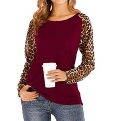 Womens Tops Dressy Casual,Leopard Print Long Sleeve Fashion Solid Color Patchwork Crew Neck Top Sports Top -Amazon Store 41gM36AI3yL