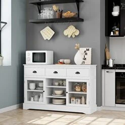 FOTOSOK Modern Buffet Cabinet, Sideboard Bar Cabinet With 2 Glass Door, 3 Drawers And Adjustable Shelves, Kitchen Cupboard Console Table Coffee Bar Cabinet For Dining Room, Living Room -Amazon Store 41gP92B9iLL