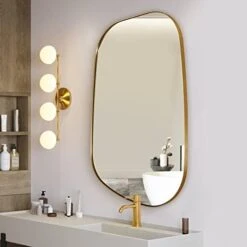 ANDY STAR Irregular Mirror Asymmetrical Mirror For Wall 24x36” Brushed Gold Bathroom Mirror, Modern Wall Mirror For Living Room Bathroom Vanity Framed Mirror Artistic Mirror 1” Deep Set Design -Amazon Store 41gPupYBaZL. AC