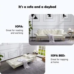 LCH Velvet Futon Sofa Bed, Memory Foam Couch Set, Upholstered Modern Daybed Convertible Folding Loveseat Recliner With Pillows And Wooden Frame For Compact Living Room,Apartment,Dorm,Office(Beige) -Amazon Store 41gR62UKkVL